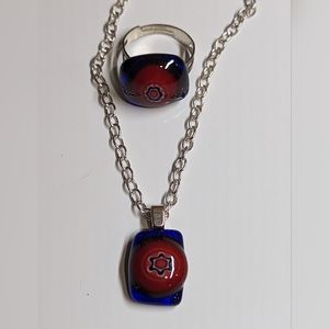 Artisan Handmade Fused glass blue and red ring/necklace set Adjustable